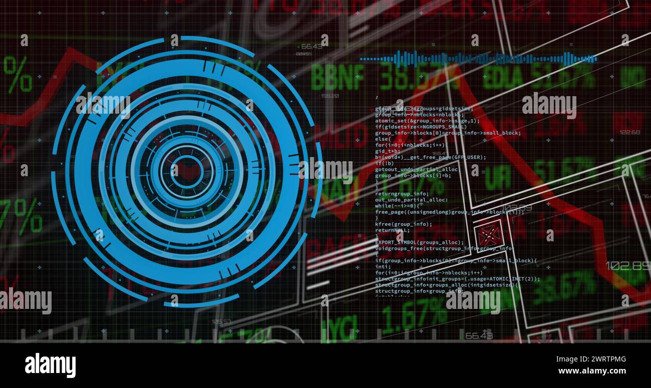 Bild der Zahlen, des Verarbeitungskreises und der Finanzdaten auf dem digitalen Bildschirm Stockfoto