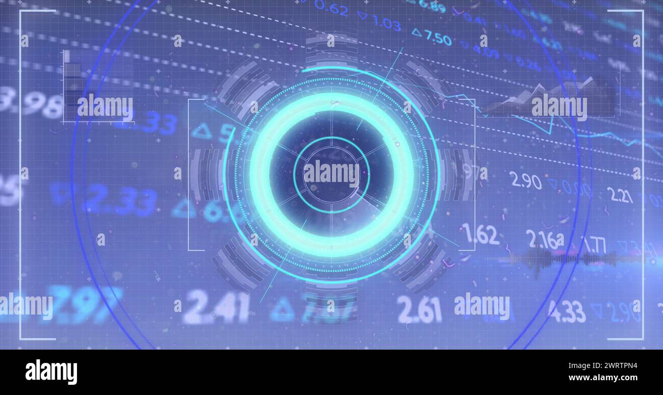 Bild von Zahlen, Verarbeitungskreis mit Glitch und Finanzdaten auf dem digitalen Bildschirm Stockfoto