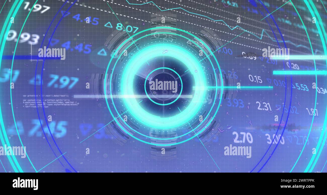 Bild von Zahlen, Verarbeitungskreis mit Glitch und Finanzdaten auf dem digitalen Bildschirm Stockfoto