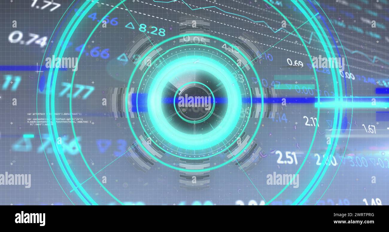 Bild von Zahlen, Verarbeitungskreis mit Glitch und Finanzdaten auf dem digitalen Bildschirm Stockfoto