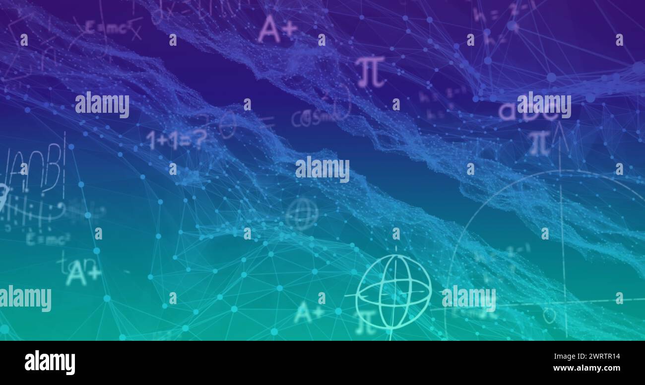 Bilder des Netzes von Verbindungen mit mathematischen Formeln auf blauem Hintergrund Stockfoto