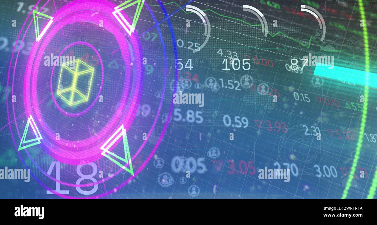 Bild von Zahlen, Verarbeitungskreisen, Neonformen und Finanzdaten auf dem digitalen Bildschirm Stockfoto