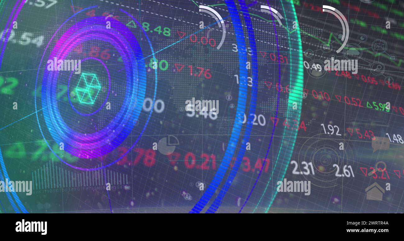 Bild von Zahlen, Verarbeitungskreisen, Neonformen und Finanzdaten auf dem digitalen Bildschirm Stockfoto