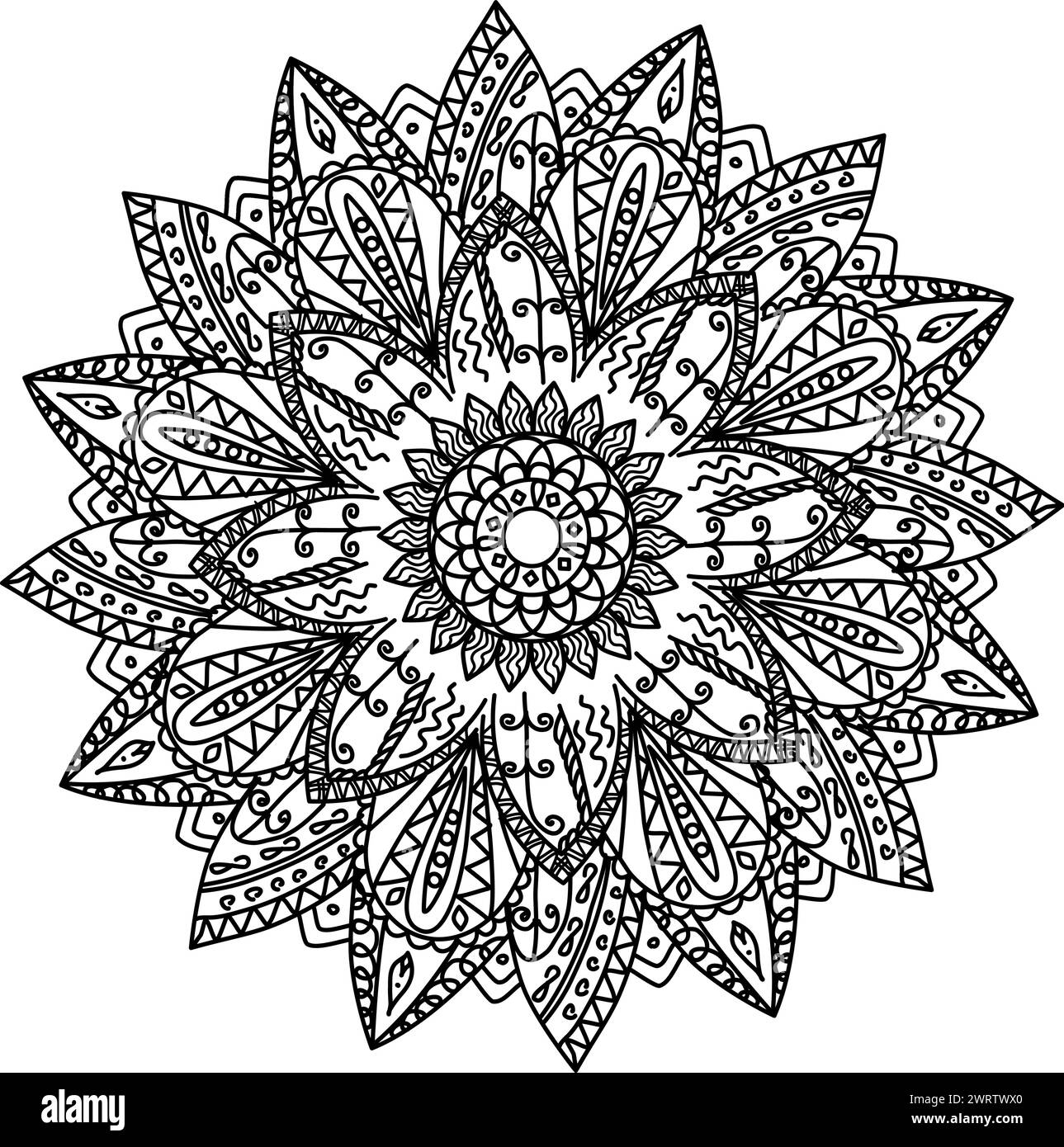 Schwarz-weißes Mandala, Vektorhandzeichnung, Ornamente in ethnisch-orientalischem Stil. Ausmalen von Buchseiten. Stock Vektor