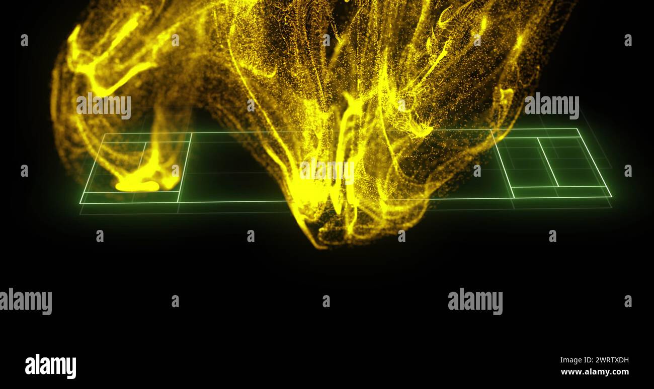 Bild der Linienmarkierungen auf dem Sportplatz über gelber Partikelwolke auf schwarzem Hintergrund Stockfoto