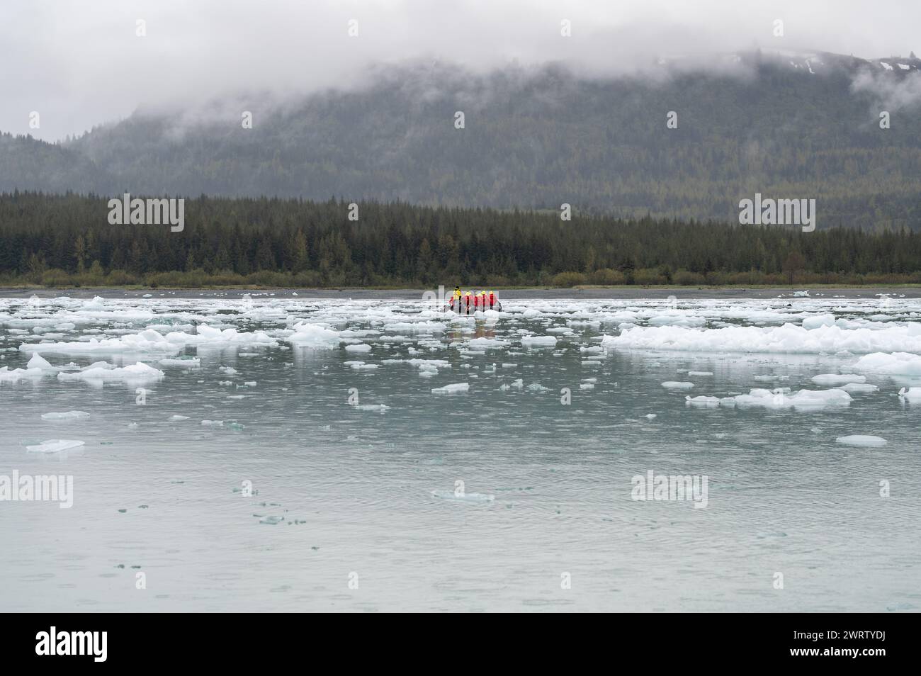 Touristen (nicht erkennbar) in einer Zodiac-RIPPE, die um Growler (kleine Eisberge) in Icy Bay, Alaska, USA manövrieren Stockfoto