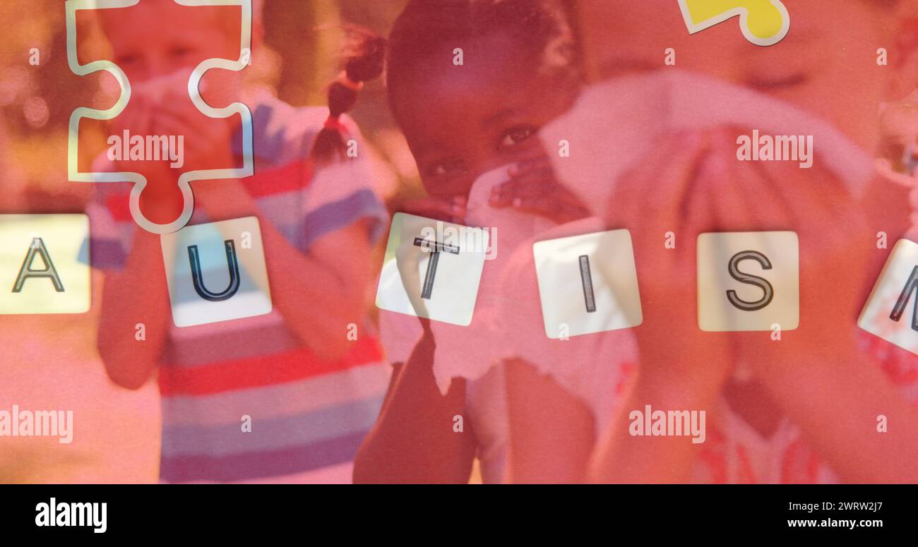 Bild von bunten Puzzleteilen und Autistext über niesenden Nasen von Kindern Freunden Stockfoto