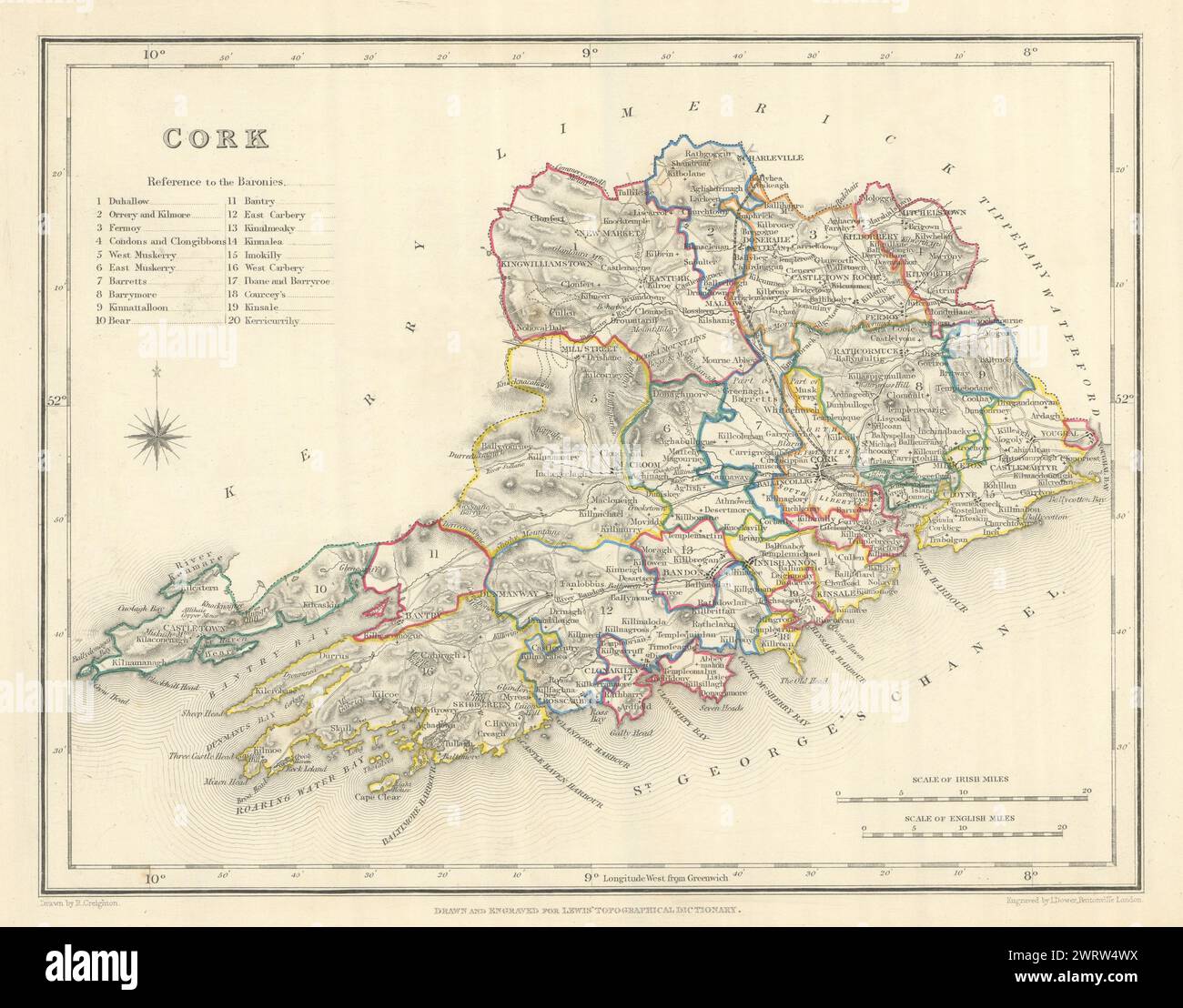 COUNTY CORK antike Karte für LEWIS von CREIGHTON & DOWER. Irland 1850 Jahre alt Stockfoto