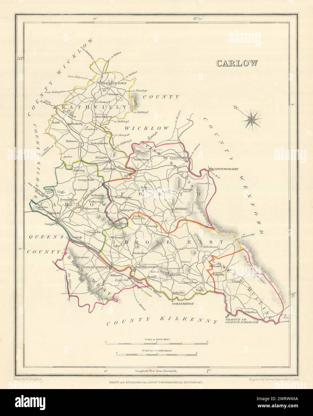 COUNTY CARLOW antike Karte für LEWIS von CREIGHTON & DOWER. Irland 1850 Jahre alt Stockfoto