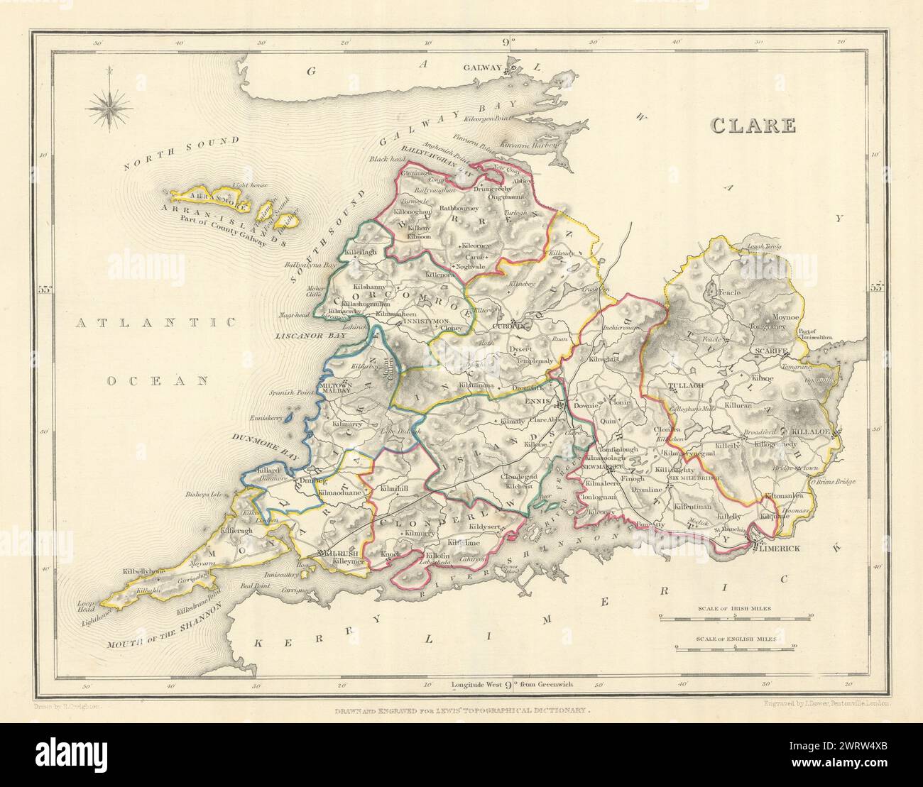 Alte Landkarte von COUNTY CLARE für LEWIS von CREIGHTON & DOWER. Irland 1850 Jahre alt Stockfoto