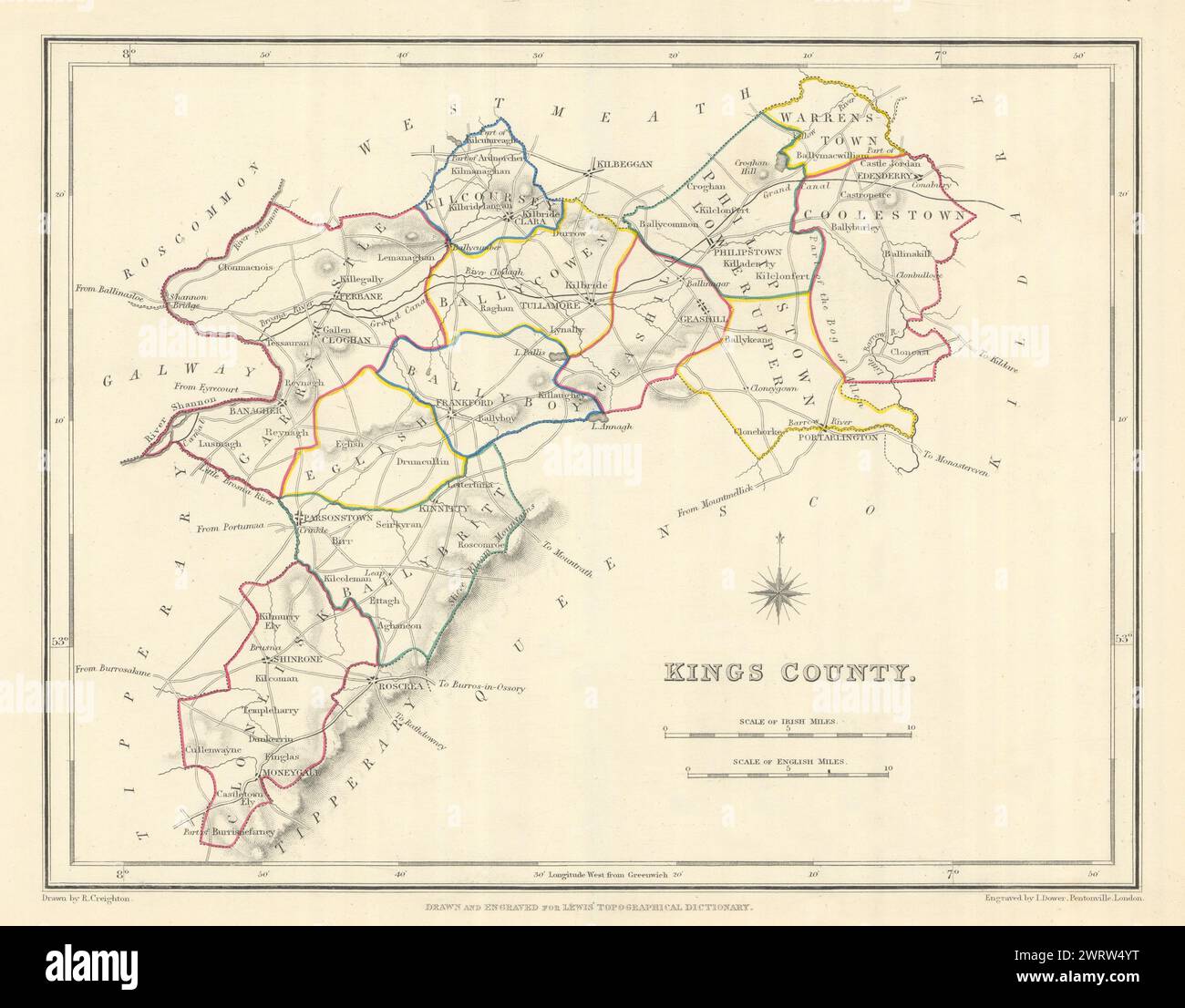 KINGS COUNTY (OFFALY) antike Karte für LEWIS. CREIGHTON & DOWER. Irland 1850 Stockfoto