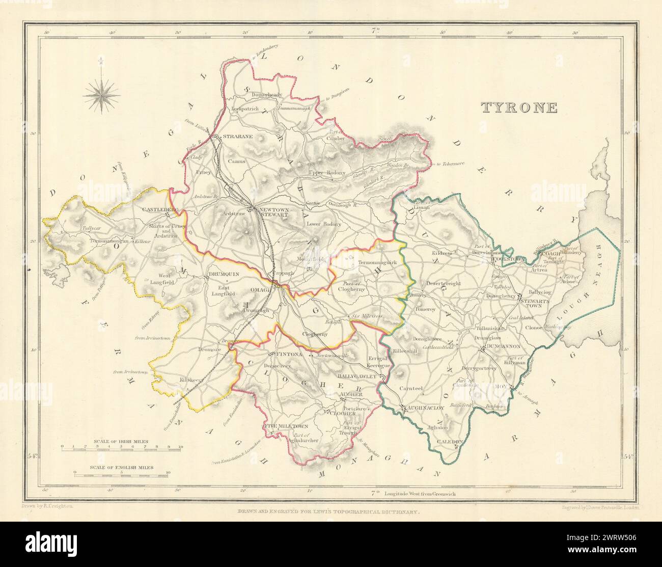 Alte Landkarte von COUNTY TYRONE für LEWIS von CREIGHTON & DOWER. Ulster 1850 alt Stockfoto