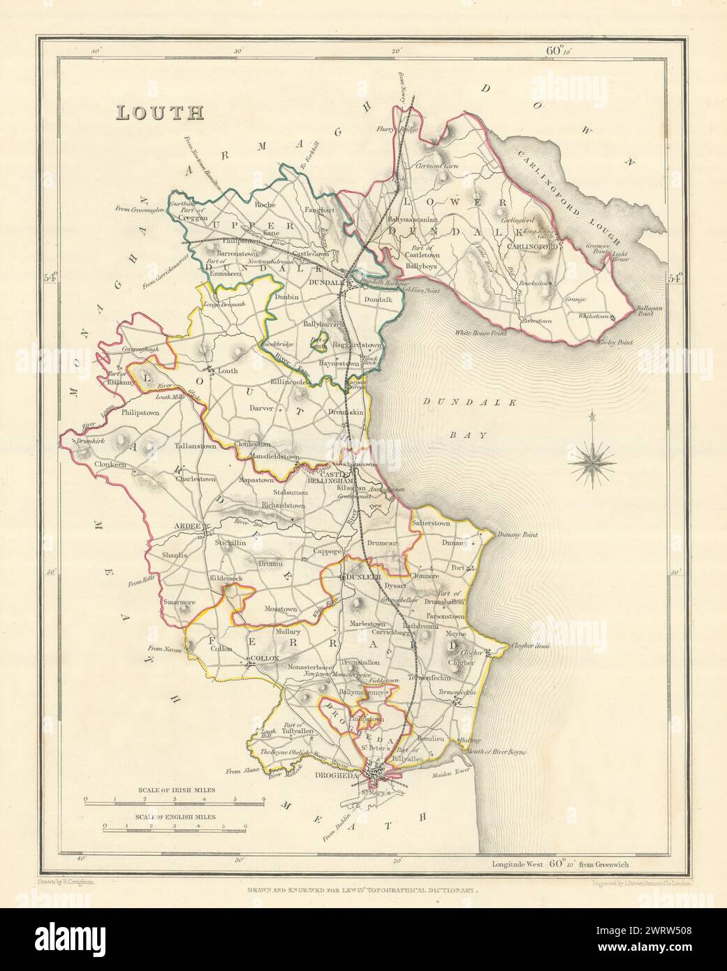 Alte Landkarte von COUNTY LOUTH für LEWIS von CREIGHTON & DOWER. Irland 1850 Jahre alt Stockfoto