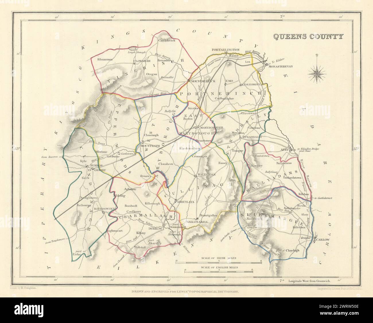 QUEENS COUNTY (LAOIS) antike Karte für LEWIS. CREIGHTON & DOWER. Irland 1850 Stockfoto
