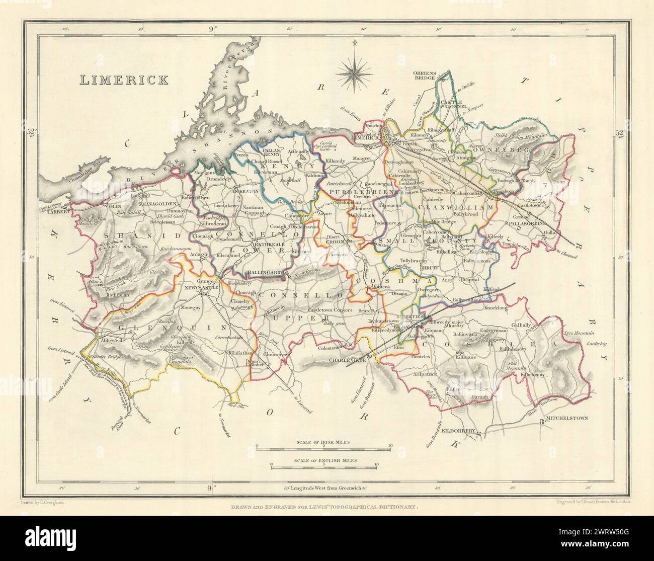 Alte Landkarte von COUNTY LIMERICK für LEWIS von CREIGHTON & DOWER. Irland 1850 Stockfoto