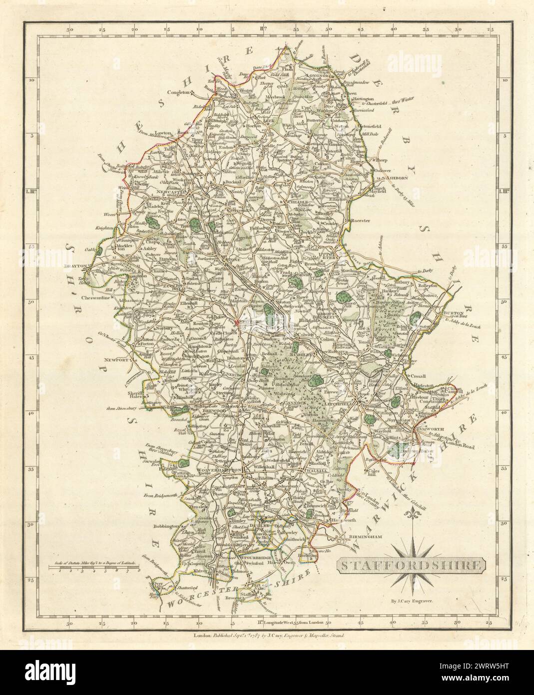 Antike Karte der Grafschaft Staffordshire von JOHN CARY. Ursprüngliche Farbe der Umrandung 1793 Stockfoto