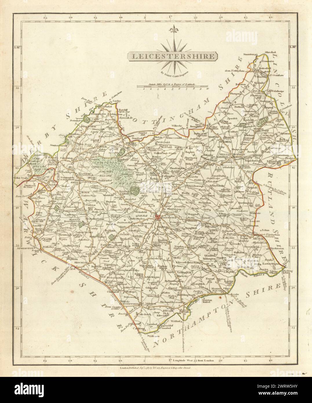 Antike Grafschaft Karte von LEICESTERSHIRE von JOHN CARY. Ursprüngliche Farbe der Umrandung 1793 Stockfoto