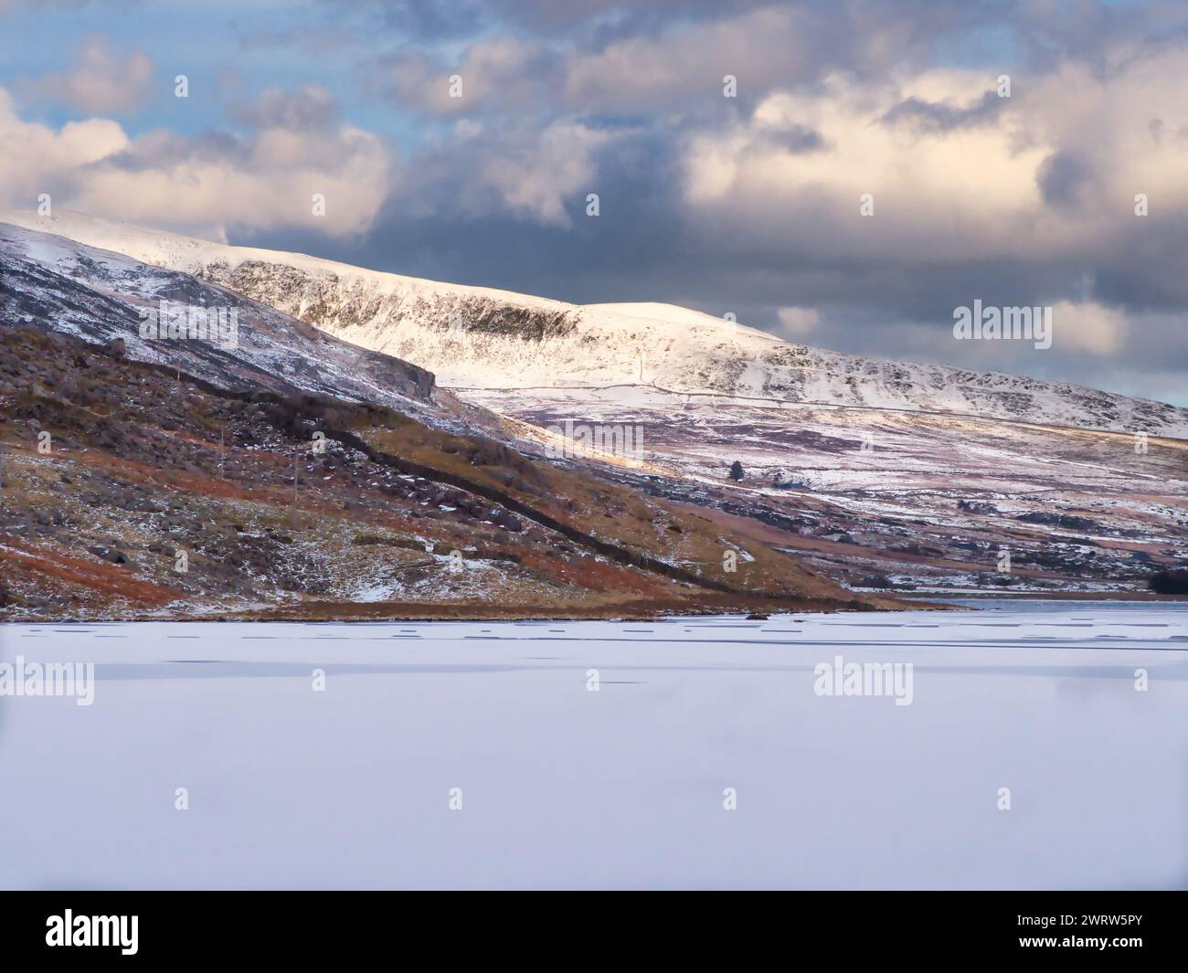 Der gefrorene Llyn Ogwen Lake Wales mit schneebedeckten Bergen im Hintergrund Stockfoto