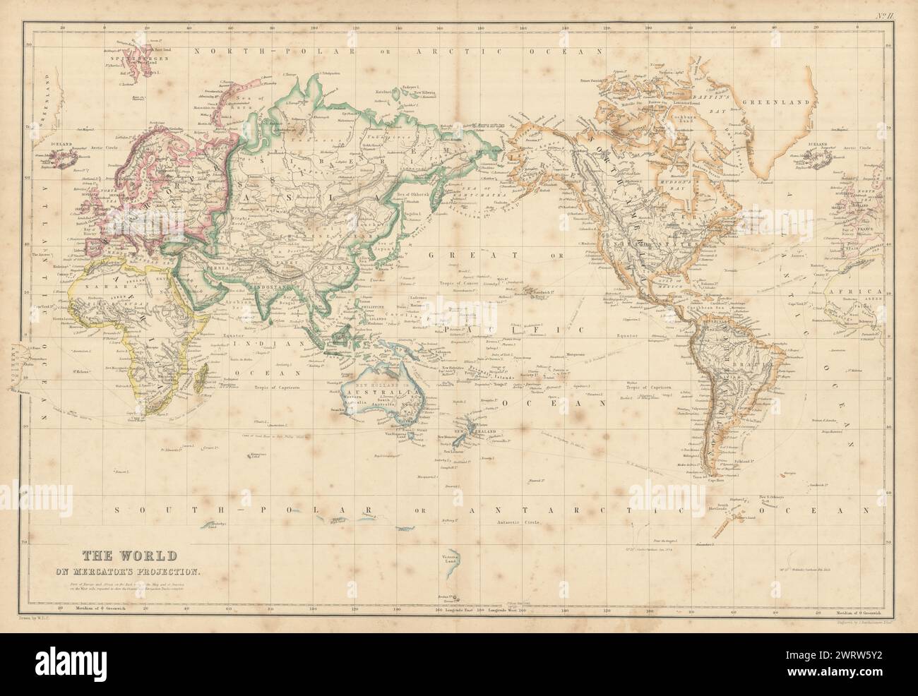 The World on Mercator's Projection von John Bartholomew 1860 alte antike Karte Stockfoto