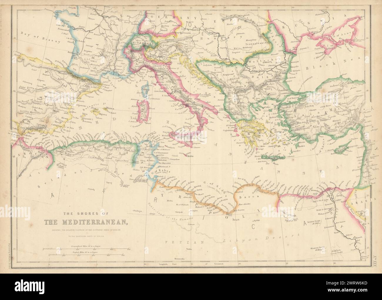 Die Küsten des Mittelmeers. HUGHES 1860 alte alte Karte Plan Karte Stockfoto