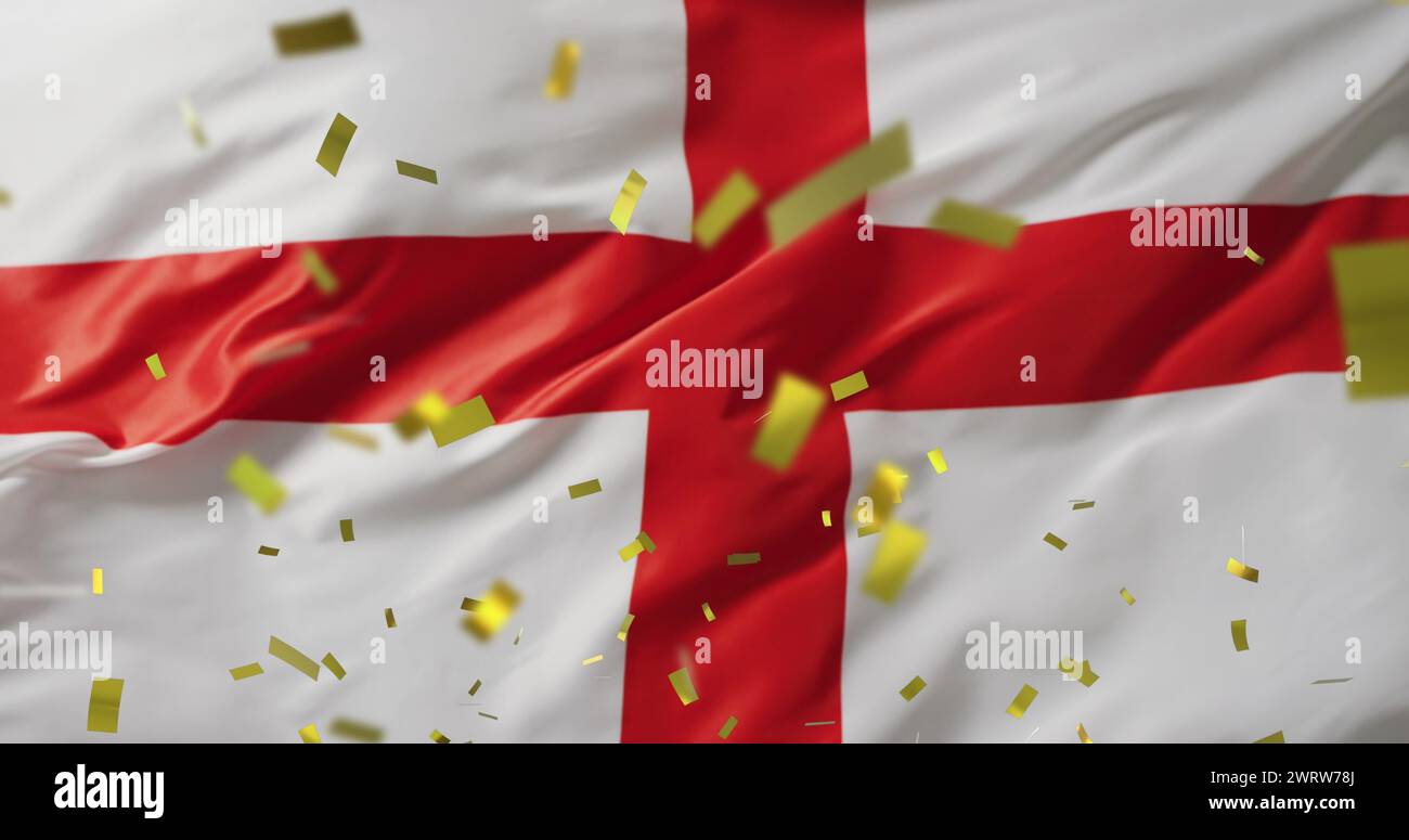 Bild von Konfetti über der Flagge englands Stockfoto