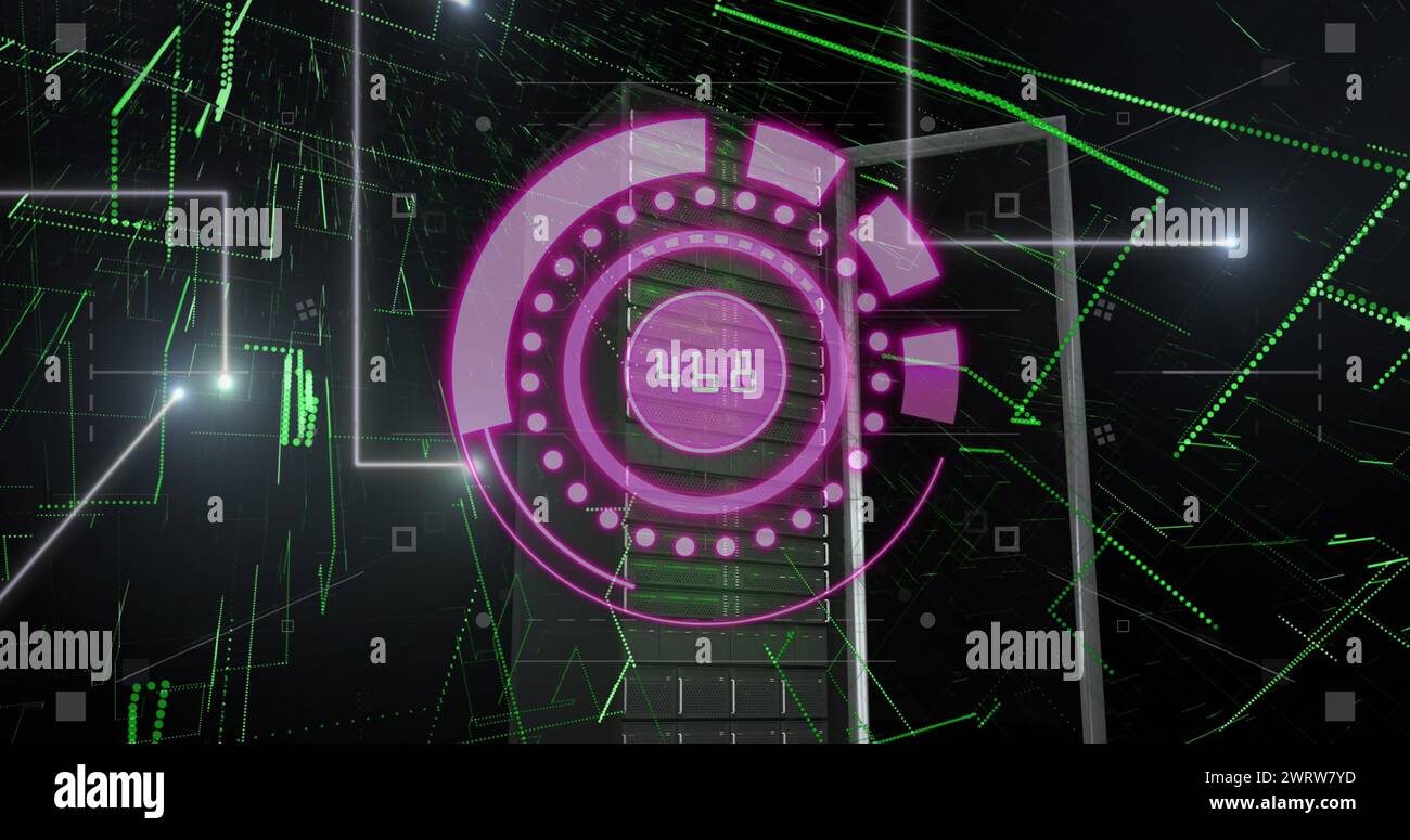 Bild eines violetten Kreises mit Zahlen über dem Leerzeichen mit grünen Linien Stockfoto