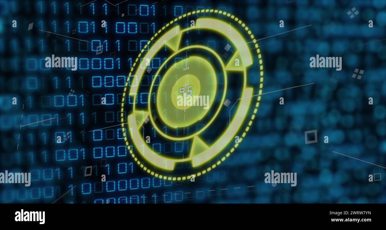 Abbildung eines gelben Kreises mit Zahlen über Binärcode Stockfoto