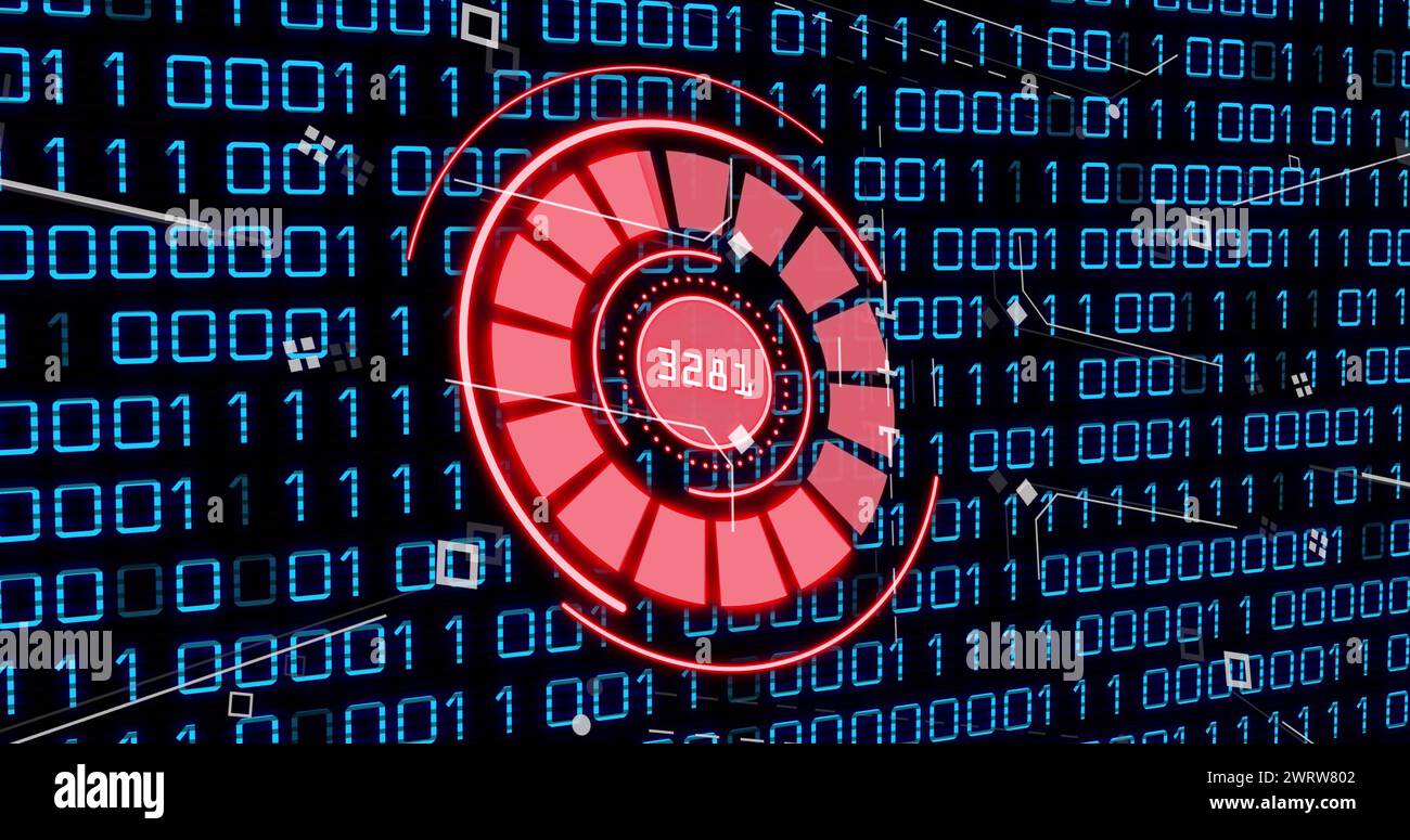 Bild eines roten Kreises mit Zahlen über Binärcode Stockfoto