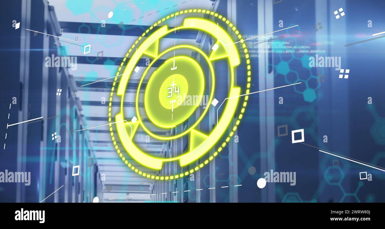 Abbildung eines gelben Kreises mit Zahlen über Daten und Servern Stockfoto