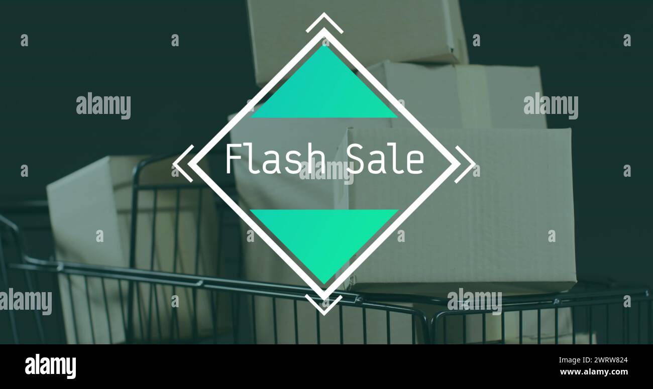 Bild: Flash-Verkaufstext über Geschenkkartons im Wagen Stockfoto