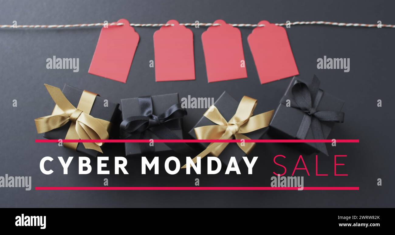 Abbildung: Verkaufstext für Cyber monday über Geschenketiketten und -Schachteln Stockfoto