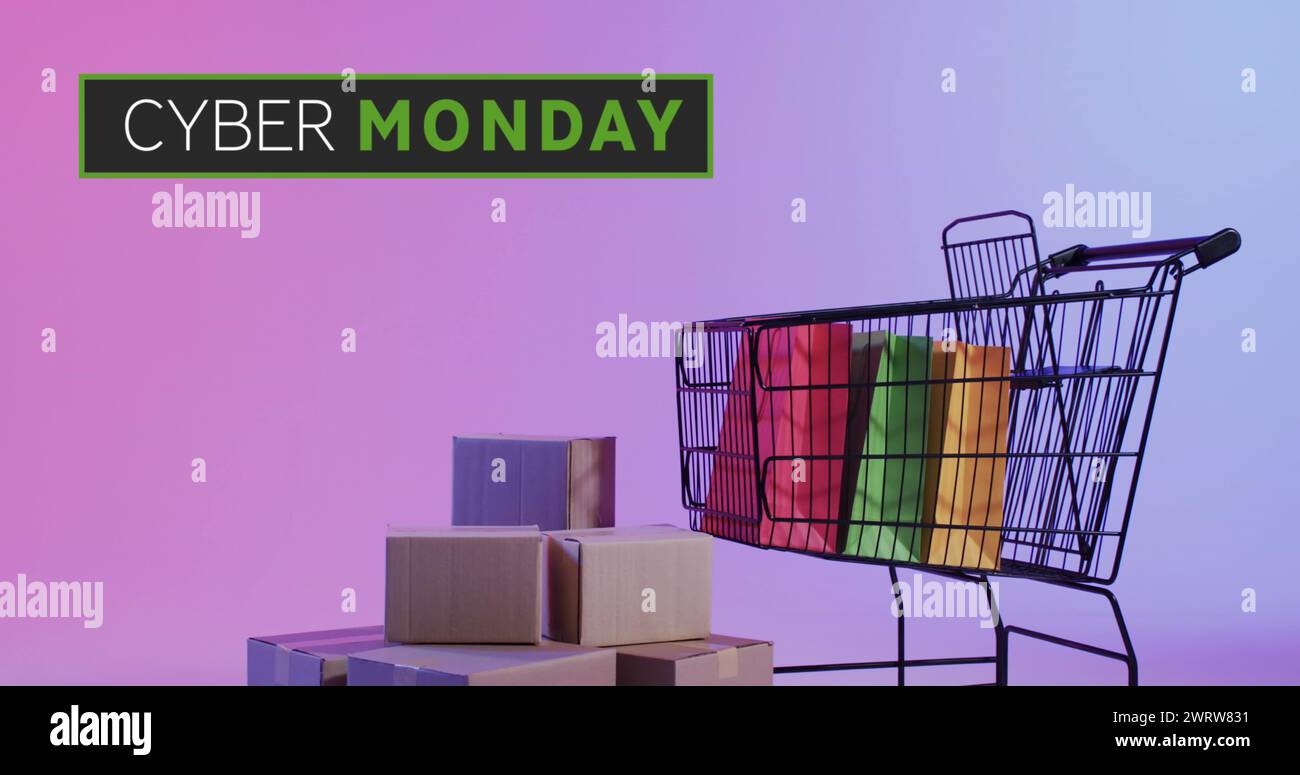 Bild des Textes des Cyber monday über Einkaufswagen, Taschen und Kartons Stockfoto