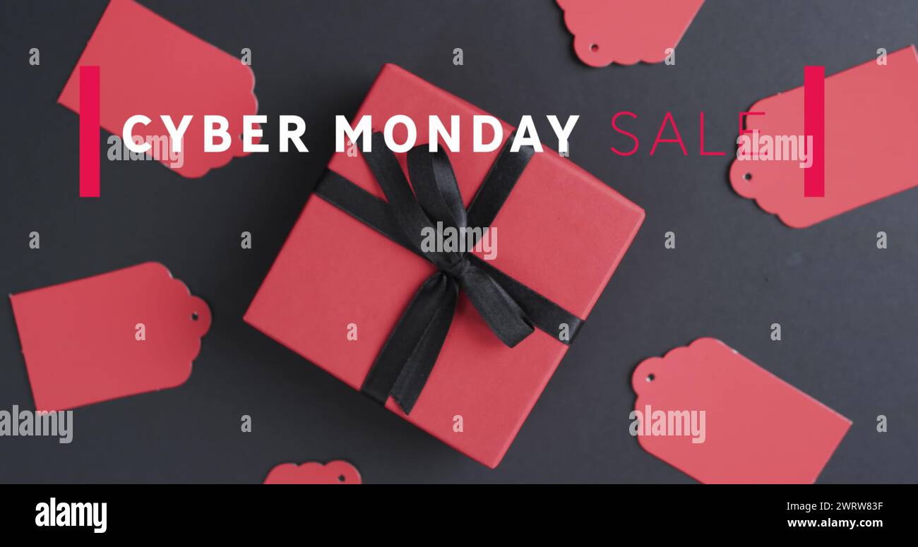 Abbildung: Verkaufstext für Cyber monday über Geschenketiketten und -Schachteln Stockfoto
