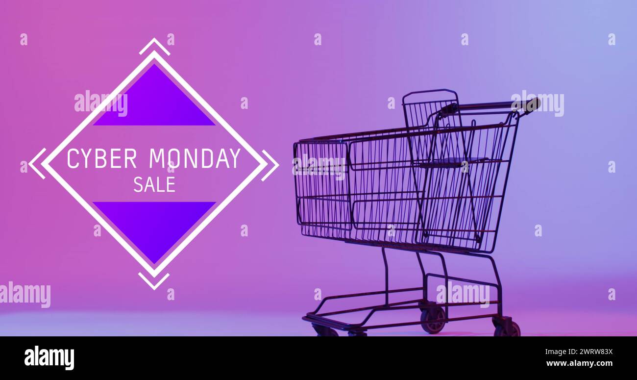 Bild: Verkaufstext für Cyber monday über Einkaufswagen Stockfoto