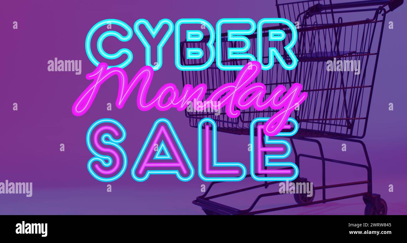 Bild: Verkaufstext für Cyber monday über Einkaufswagen Stockfoto