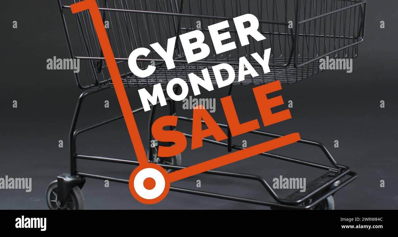Bild: Verkaufstext für Cyber monday über Einkaufswagen Stockfoto