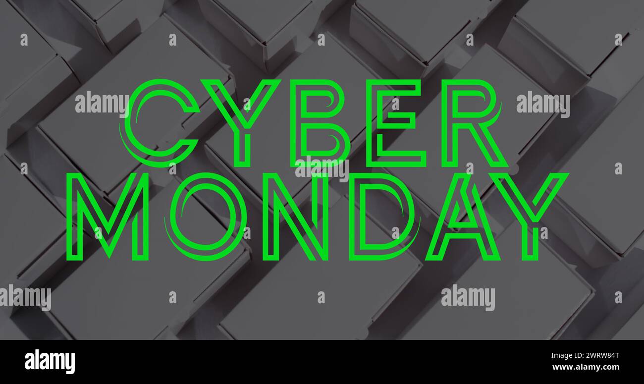 Bild: Text von Cyber monday über Geschenkkartons Stockfoto
