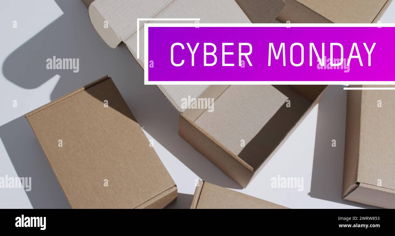 Bild: Text von Cyber monday über Geschenkkartons Stockfoto