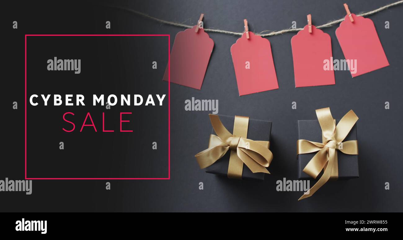 Abbildung: Verkaufstext für Cyber monday über Geschenketiketten und -Schachteln Stockfoto