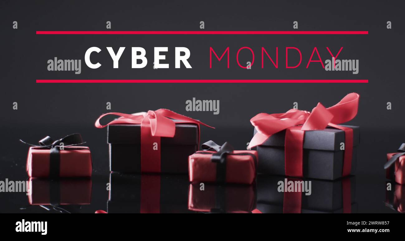 Bild: Text von Cyber monday über Geschenkkartons Stockfoto