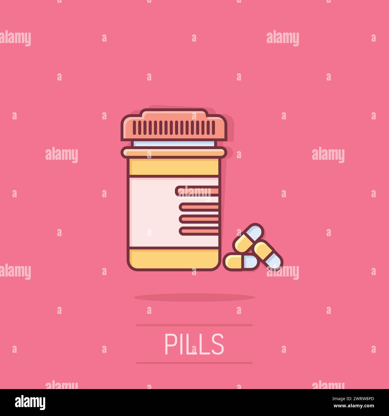 Das Symbol der Pille-Flasche im Comic-Stil. Medizinische Kapseln Karikaturvektorillustration auf isoliertem Hintergrund. Arzneimittelzeichen-Business-Konzept-Splash-Effekt. Stock Vektor