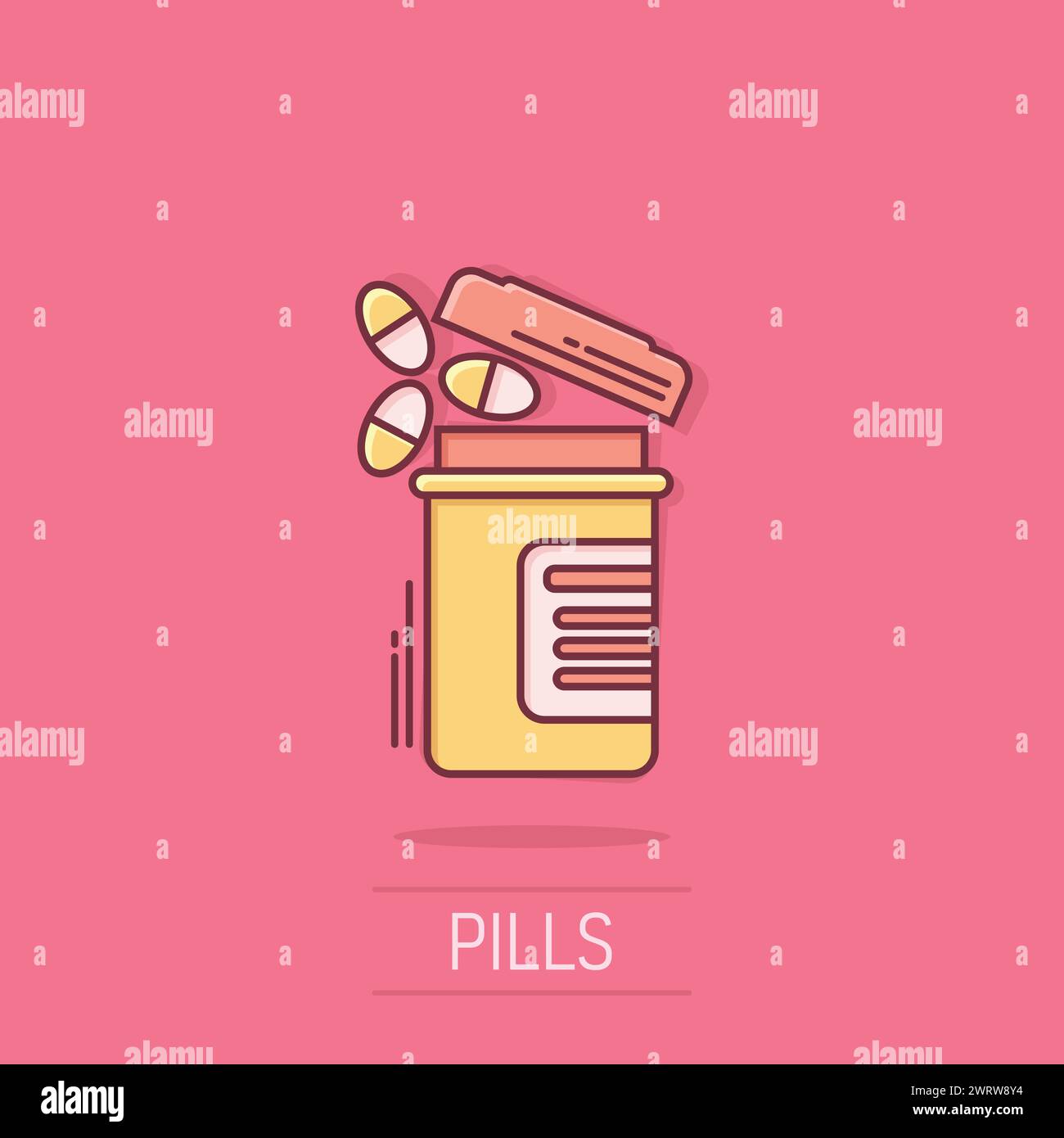 Das Symbol der Pille-Flasche im Comic-Stil. Medizinische Kapseln Karikaturvektorillustration auf isoliertem Hintergrund. Arzneimittelzeichen-Business-Konzept-Splash-Effekt. Stock Vektor