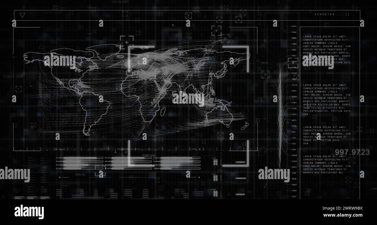 Das digitale Bild zeigt die Datenanalyse und die Erdkarte auf einem grünen Bildschirm mit einem Rasterlayout an. Stockfoto