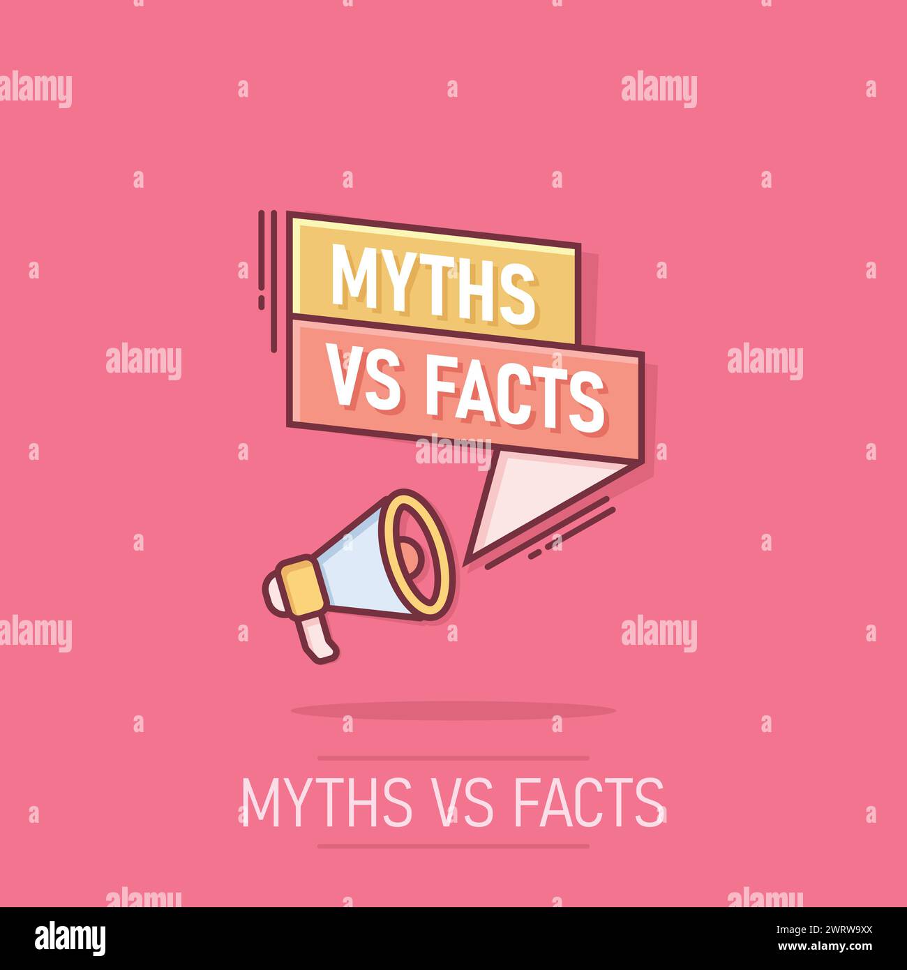 Mythen vs. Fakten Megaphon-Ikone im Comic-Stil. Echte oder falsche Lautsprecher-Cartoon-Vektor-Illustration auf isoliertem Hintergrund. Vergleichszeichen B Stock Vektor
