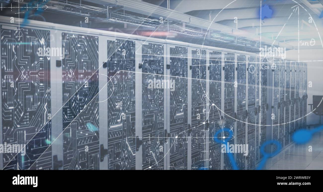 Das Bild zeigt ein riesiges Netzwerk von Servern und hebt die Datenverarbeitungs- und Designtechnologie hervor. Stockfoto