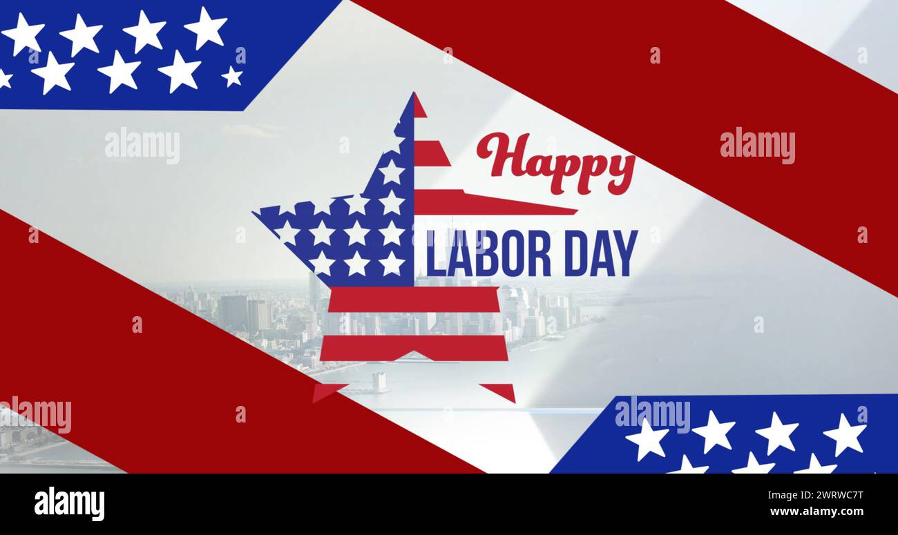 Bild von Happy Labor Day Text und amerikanischer Flagge über der Stadtlandschaft Stockfoto