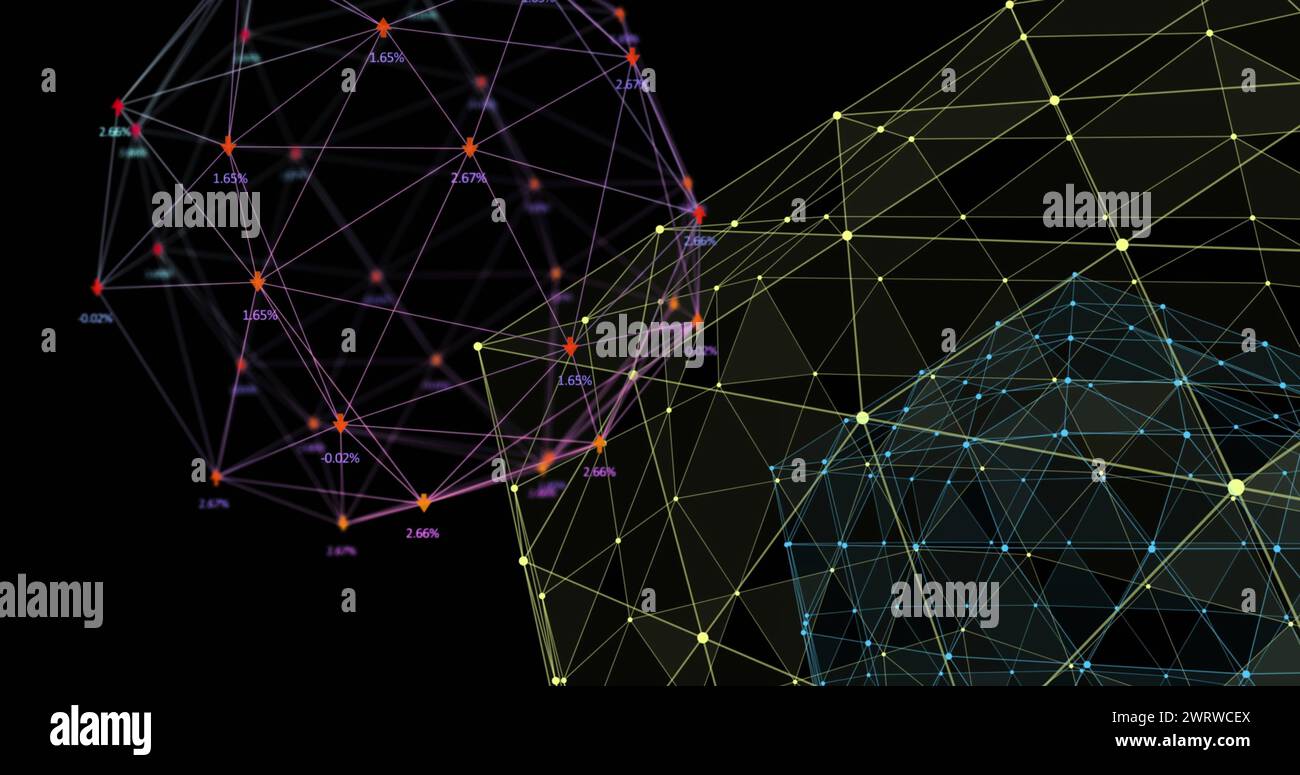 Digitale Globen zeigen wachsende Verbindungen und Netzwerke vor einem schwarzen Hintergrund. Stockfoto