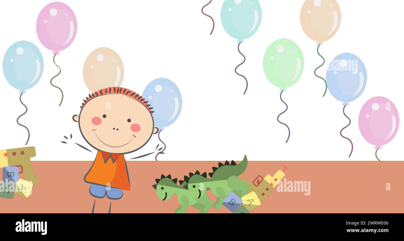 Bild eines Jungen mit Spielzeugsymbol auf weißem Hintergrund Stockfoto