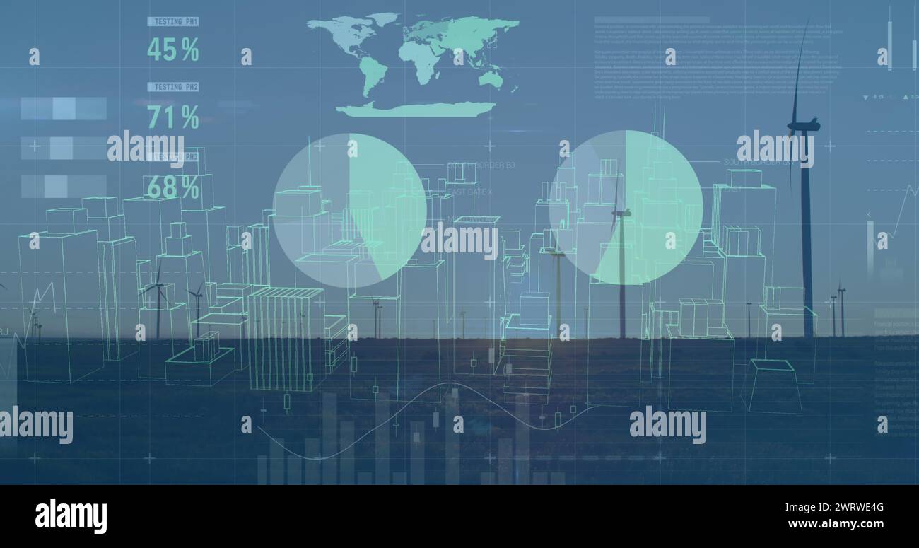 Bild der Datenverarbeitung über Windenergieanlagen Stockfoto