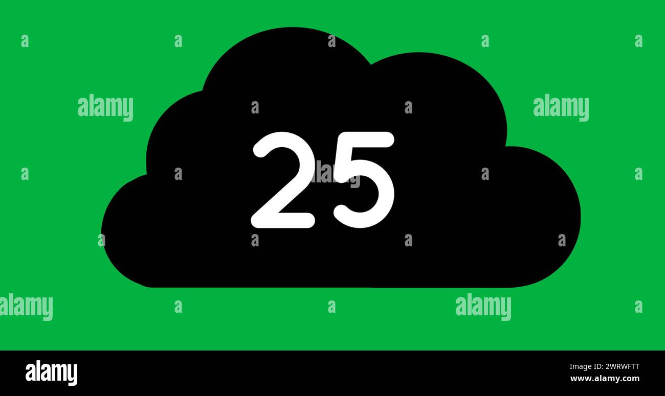 Digitales Bild der Zahl, die in einer schwarzen Wolke auf einem grünen Hintergrund zunimmt 4K Stockfoto